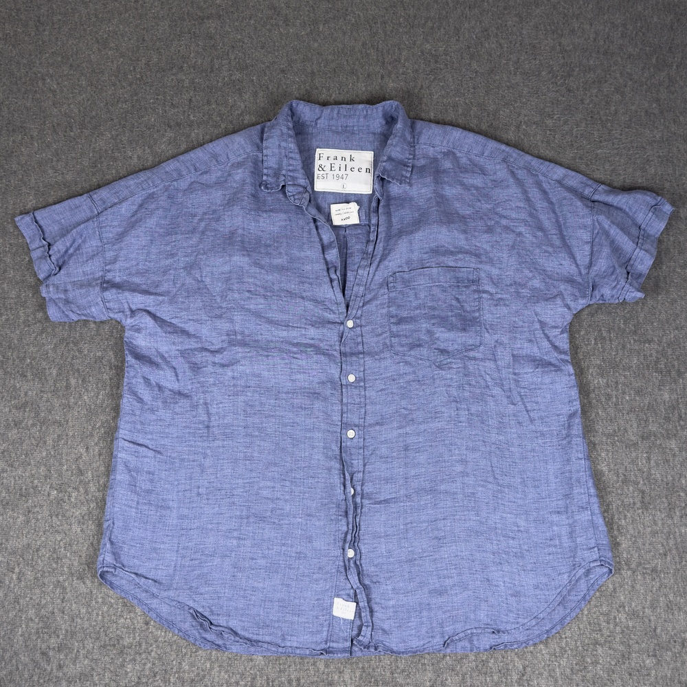Frank & Eileen Shirt Womens Large Blue Linen Rose Short Sleeve Button Front USA
